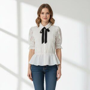 Elegant White Blouse with Black Bow
